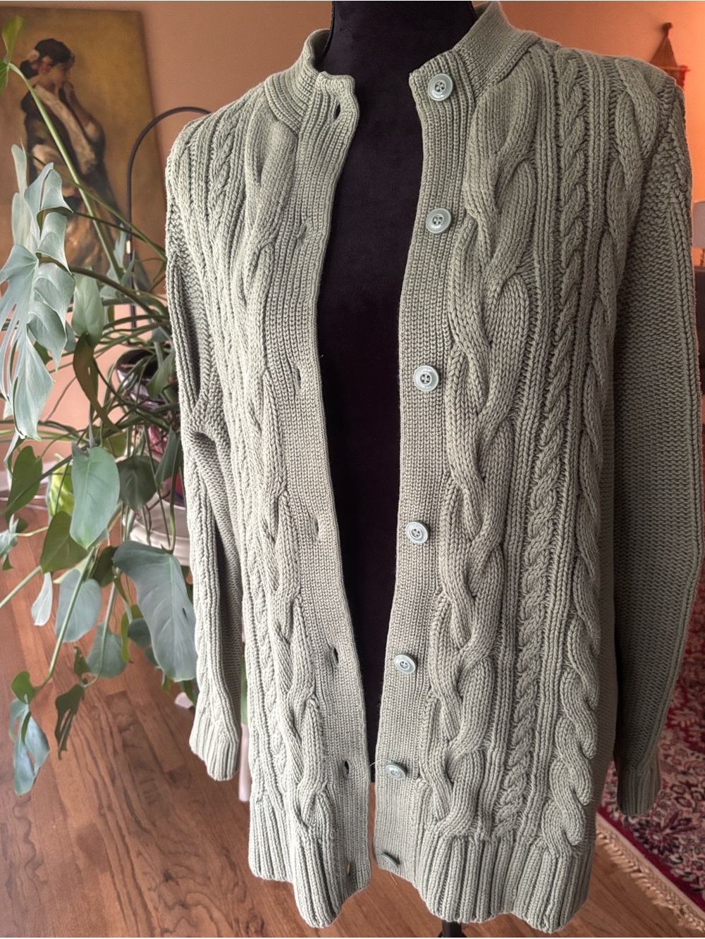 LL Bean 100% Cotton Heavyweight Chunky Cable Knit Cardigan Muted Olive Gray